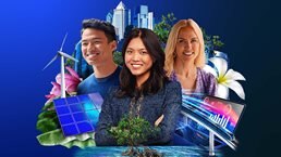 A conceptual depiction of diverse group of people layered over a modern city background