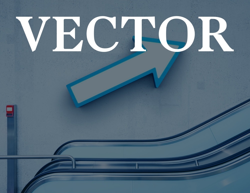 Large arrow on wall next to an escalator with VECTOR text overlay