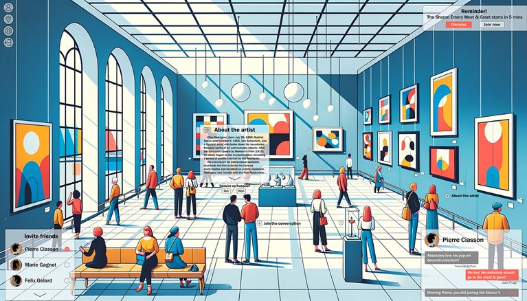 A generative AI image of an illustration of a modern museum exhibit. People are seen looking at artwork and the image is overlayed with digital popups indicating where a viewer can click for more information or engagement.  
