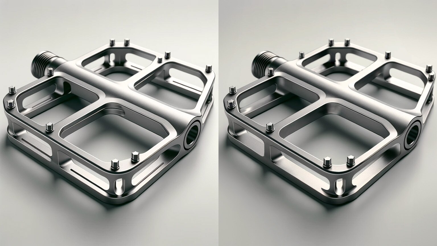 An image comparing the final raw output of a titanium bicycle pedal from generative AI following iterative prompting and the same image after it has been refined using image-editing software. The raw image shows studs and structural supports inconsistently placed and grooves marked on inside surfaces. After refinement by the designer, the studs are uniformly positioned, the interior surfaces are smooth, and the structural supports are precisely aligned with the corners and center of the pedal for improved strength.