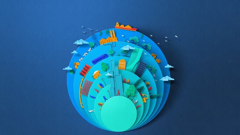 Six circles of increasing sizes layered over one another in a paper cut out style. Each circle has a mix of carbon removal solutions represented on it including direct air capture fans, biomass carbon remediation trucks and factory storage, biochar tractor, mangroves, kelp buoys, and forest restoration. Business people walk around buildings are also interspersed though the scenes and friendly clouds float by.
