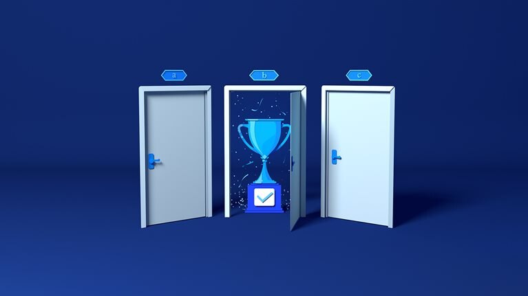 Illustration of three doors opening and closing, with a trophy and confetti behind the center door