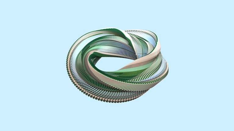 A digitally generated image of green and beige colored data server discs organized into a twisted looped circular pattern against a light blue background