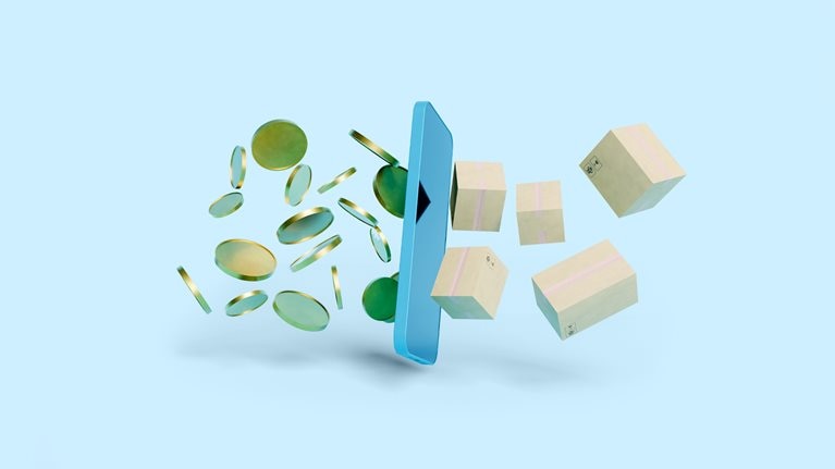 A blue cell phone floats in the middle of the frame while gold coins move towards it on the left side and cardboard shipping boxes move out from the right side. The scene is set against a light blue background. 