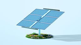 Digital generated image of solar panel system standing on circle with grass and flowers on blue background
