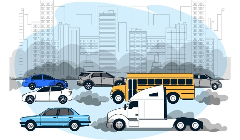 Illustration of hypothetical city with cars, busses, and trucks driving along streets in front of buildings towering above.