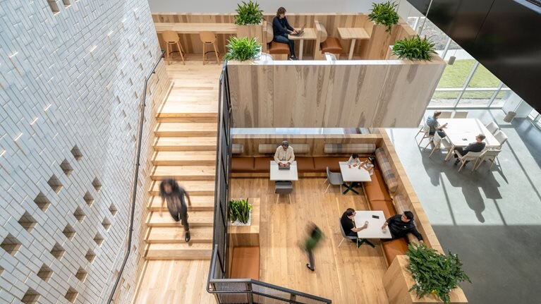 Aerial view of stairs in a modern office building