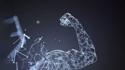 Image of polygon digital network lines forming the shape of a strong arm.